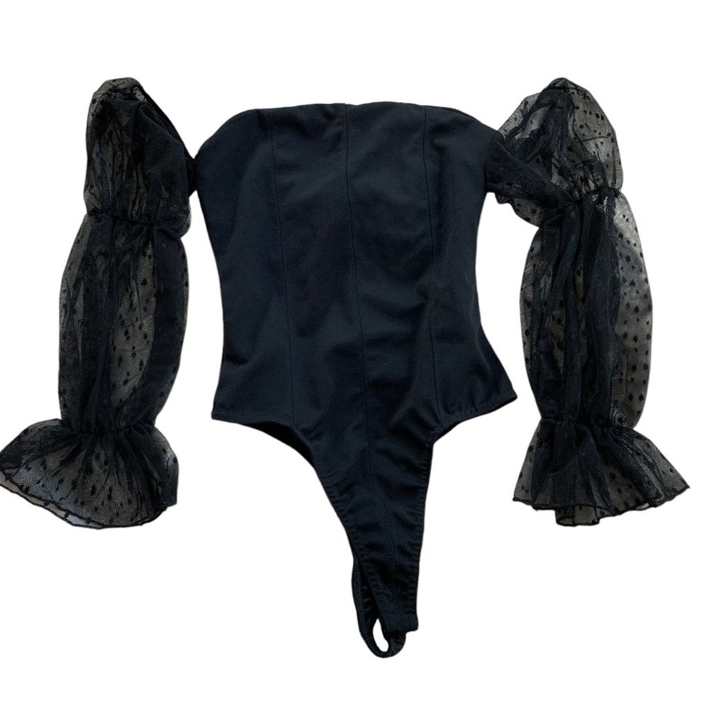 Missguided Women's Strapless Black Lace Longsleeve Bodysuit - Size 6
